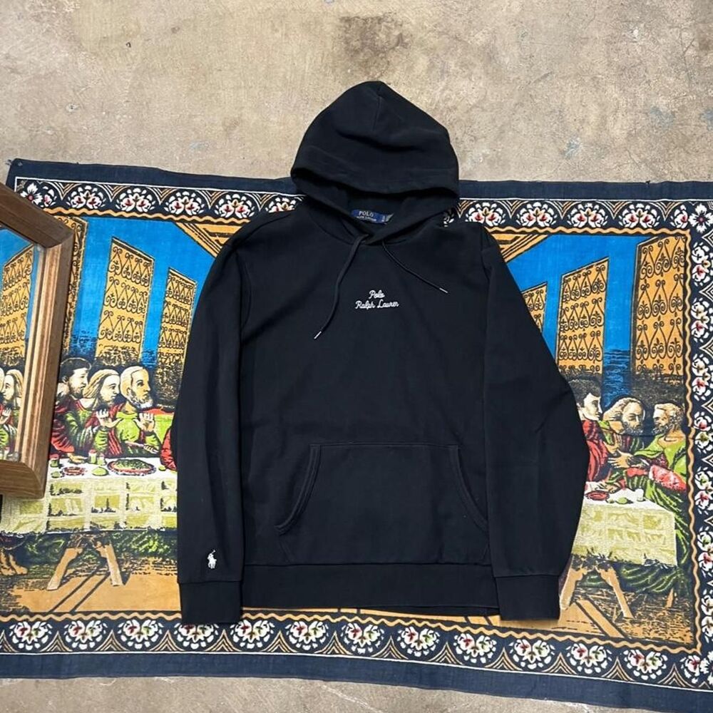 Polo Ralph Lauren black hoodie Size XL Chain stitch cursive logo embroidered